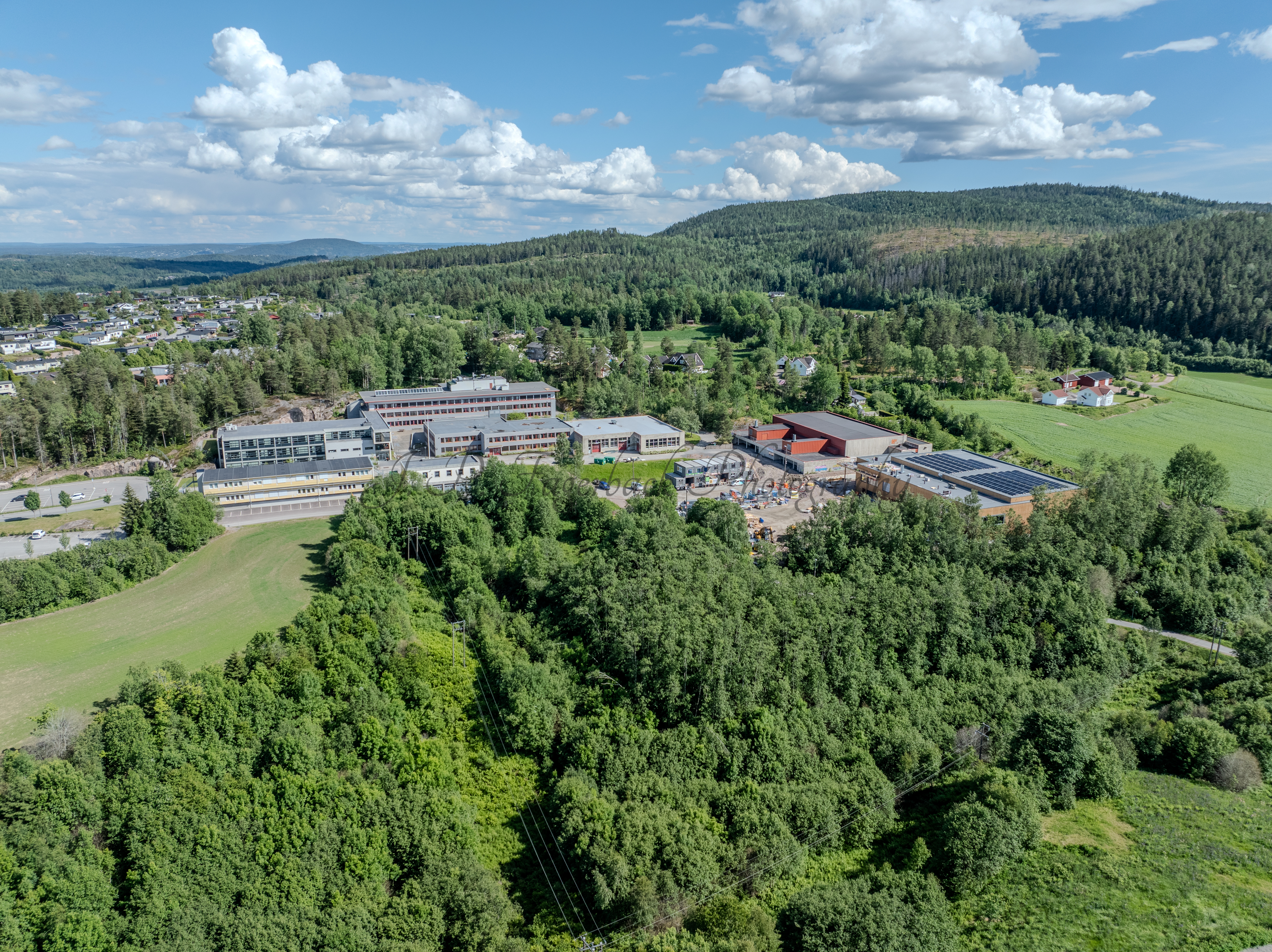 Buildings in a wooded green area under a partially clouded blue sky