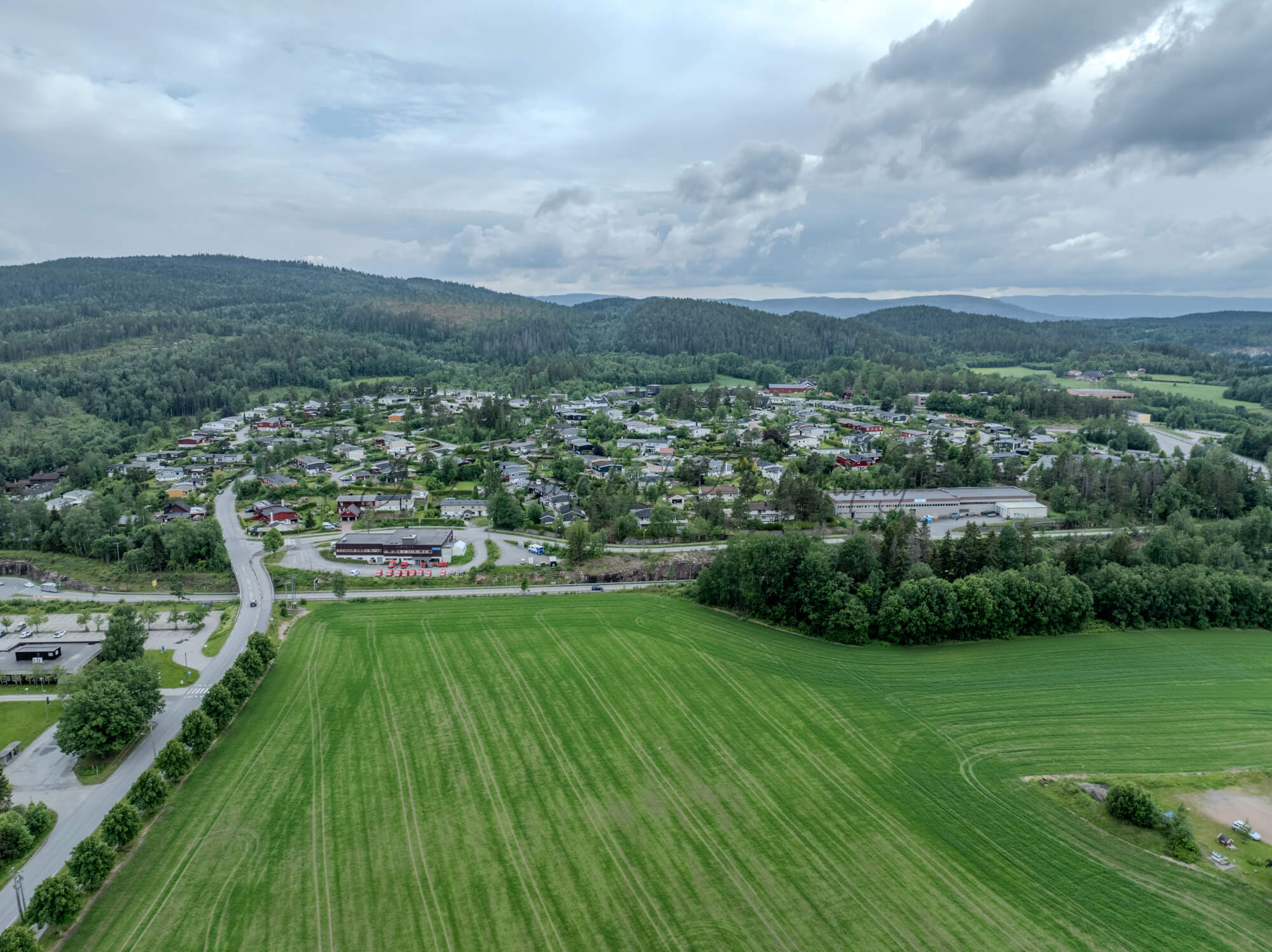 Buildings in a wooded green area under a partially clouded blue sky